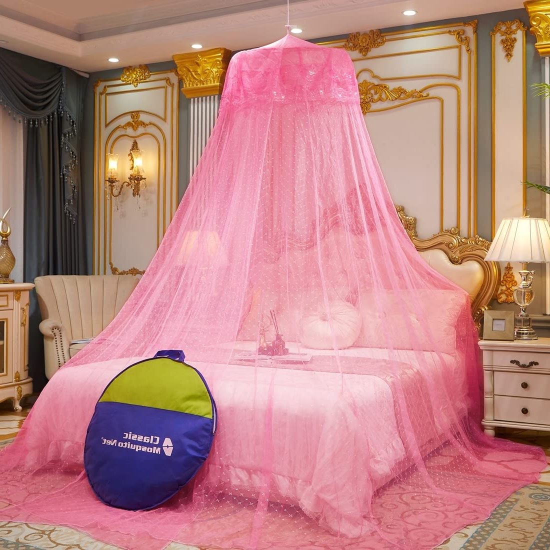 Mosquito Net for Hanging Double Bed King Size Embroidery Machardani  Polyester 30GSM Strong Net Canopy Tent for Bedrooom -Pink