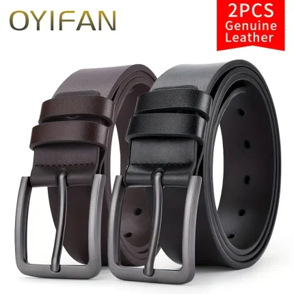  2 Pack OYIFAN Premium Men'S Business Belt, Classic Alloy Pin Buckle, Vintage Genuine Leather Belt For Business And Casual Trousers - Durable, Comfortable And Adjustable