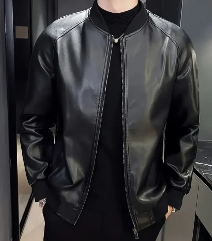 Men's Stylish Black PU Leather Jacket - Casual Baseball Collar, Zip-Up with Pockets, Loose Fit, Machine Washable, Perfect for Casual Attire