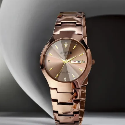 Rose Golden] AIYISHI Elegant Men's Quartz Watch | Rose Golden Case, Alloy Band | Luminous with Dual Calendar, Date & Sun/Mon Display | Ideal Gift