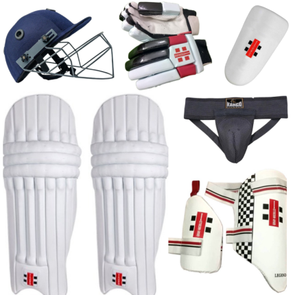 Without Bat Cricket Kit for 10 to 16 years old boys - Set of 6 High Performance Cricket Safety Items: Leg Pads + Batting Gloves + Helmet + Thigh Pads + Elbow Guard + Abdominal Guard