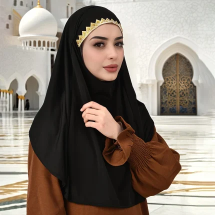 Elegant Black & Golden Embroidered Hijab - Soft, Comfortable, Breathable Polyester Scarf with Adjustable Headband for Ramadan, Family Gatherings, and Casual Outings, Casual Attire | Elegant Headwear | Comfortable Fit
