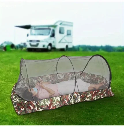 [Easy-Setup Fully Enclosed Net] Easy-Setup Camo Single Mosquito Net for Camping - Fully Enclosed, Portable & Durable Nylon Mesh with Zipper Closure