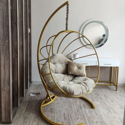 Single Seater with RED Cushion & Hook Standard Hanging Metal Swings for Balcony (with Black Base Stand) for Home Decor