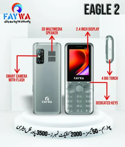 Faywa Eagle 2 - 4 Sims Mobile - 4 Active Sims - PTA Approved - 3500mAH Battery - Voice changer -2000 Contacts Save Memory - 50 Games - 2.4 Inch Display - Auto Call recording - Wireless FM Radio - Smart Camera - Audio & Video player - 1 Year brand warranty