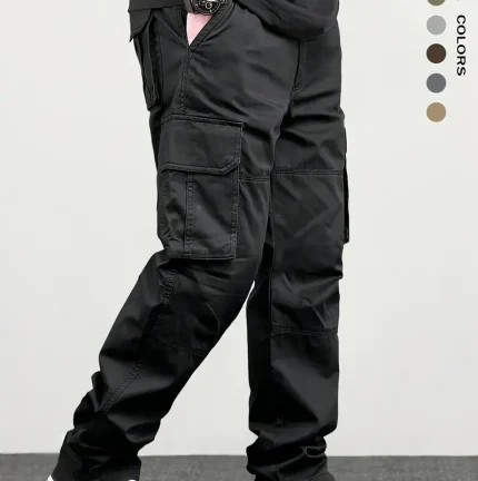 Men'S Classic Solid Color Multi-Pocket Cargo Pants, Comfortable Loose Fit Straight-Leg with Drawstring Waist, Ideal for Outdoor Activities, Casual Fishing, and Streetwear