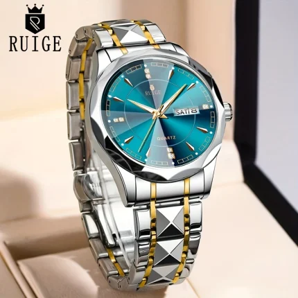 [Luxury Quartz Men's Watch] RUIGE Luxury Quartz Men's Watch | Luminous Teal Dial, Chronograph, Date & Day Display, Stainless Steel Band with Rhinestone Accents | Fashionable Holiday Gift for Christmas, Thanksgiving, Lunar New Year