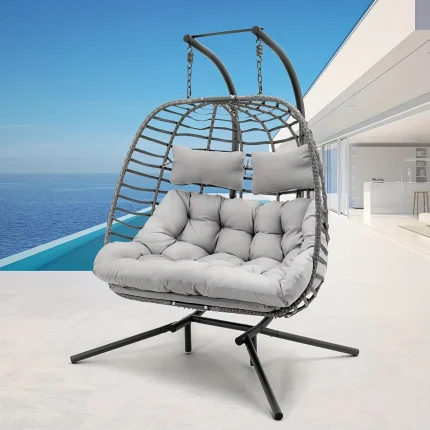 Double Egg Swing Chair with Stand for Outdoor, Patio Hand Made Rattan Wicker 2 Double Hanging Egg Chairs Hammock Chair with UV Resistant Cushion And Metal Frame, Porch Swing Loveseat for Backyard