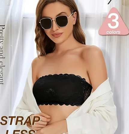 Ladies Lace Tube Bra Comfortable Wire-Free Gathered Tube Bra Strapless Thickened Bra