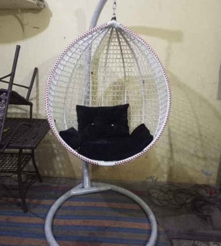 Home Single Seater with RED Cushion & Hook Standard Hanging Metal Swings for Balcony (with Black Base Stand) for Home Decor
