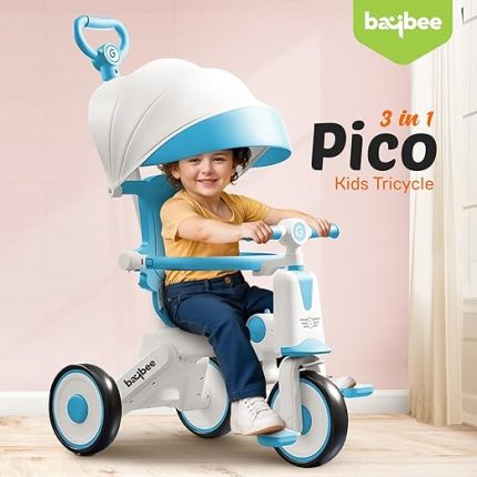 Baybee 4 in 1 Kids Tricycle with Parent Handle, Canopy, Light & Music Toddler Trike for Girls and Boys, Adjustable Push Handle, Safety Guardrail, – Baby Stroller Tricycle for 1-5 Years (White)