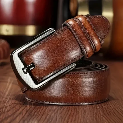 Luxury Men'S Faux Leather Belt - Vintage Distressed Black with Square Metal Buckle, Soft Genuine Faux Leather for Business & Casual Wear,
