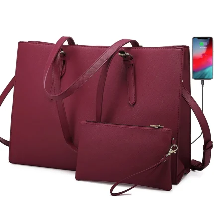 Laptop Bag for Women, Fashion Computer Tote Bag Large Capacity Handbag, Leather Shoulder Bag Purse Set, Professional Business Work Briefcase for Office Lady, 2PCs, 15.6-Inch, Dark Red