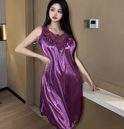 Purple Sleeveless Ice Lace Nightgown Set, Edged Sleeveless Women’S Pajamas, Loose Solid Color