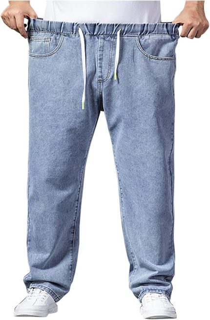 Jeans for Men Relaxed Fit Elastic Waist Drawstring Stretch Wide Leg Denim Pant Casual Fashion Slacks Pant with Pocket