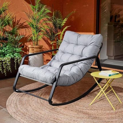 Oversized Patio Rocking Chair with Cushion, Indoor Metal Lounge Rocker Chair, Outdoor Lazy Chair for Front Porch, Garden, Backyard, Lawn, Gray