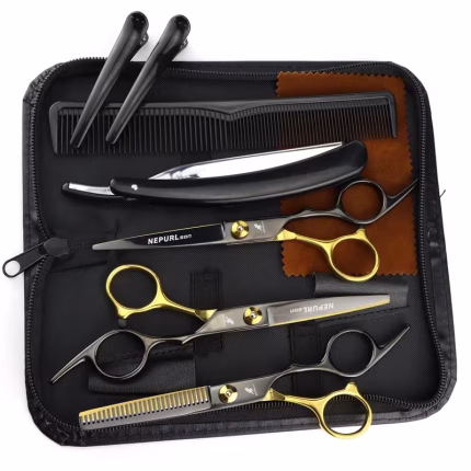 NEPURLson 9pcs Professional Haircutting Scissors Set - 15.24 cm, Texturizing & Thinning Shears for All Hair Types,, Right-Handed, Scent-Free